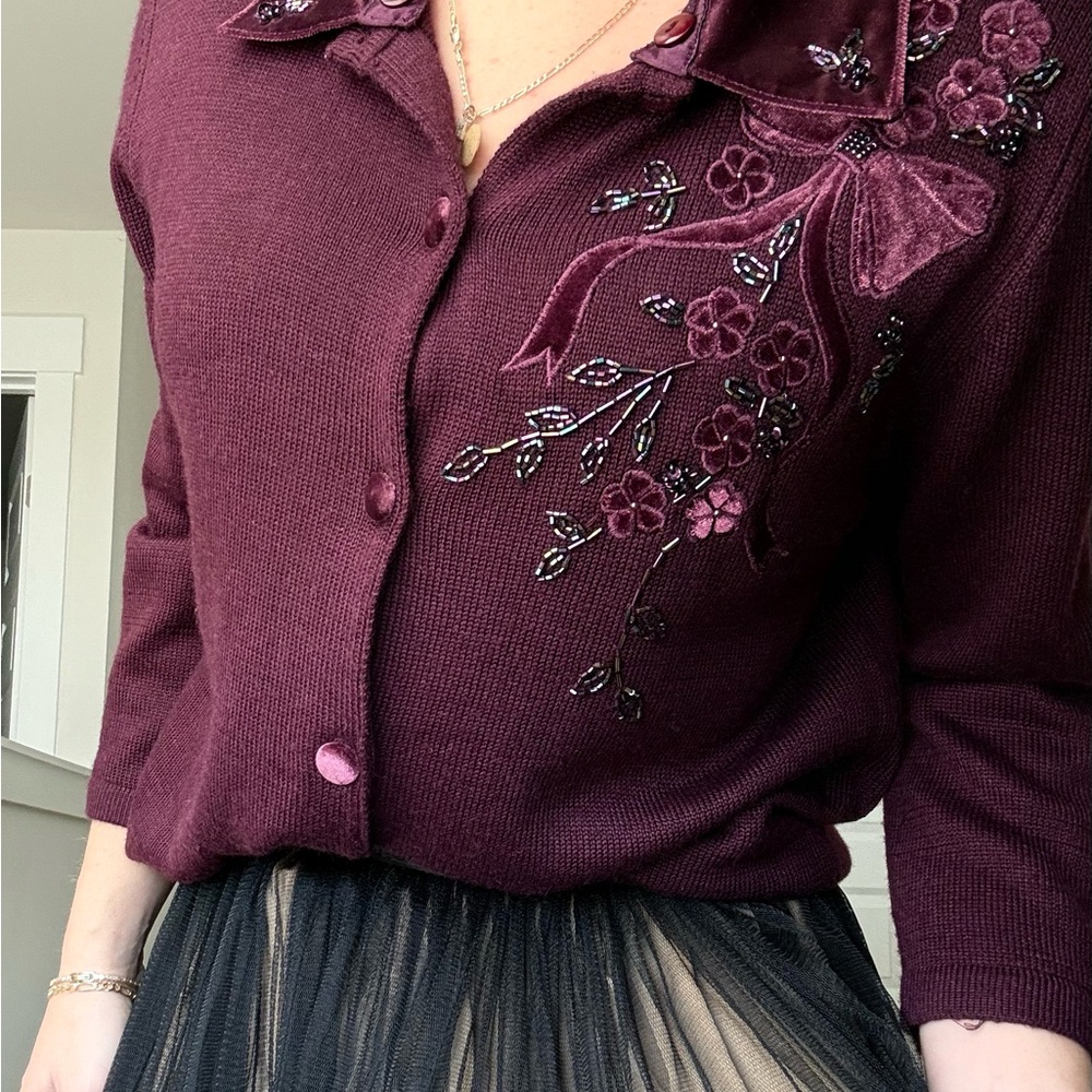 Alfred Dunner Plum Embroidered Cardigan